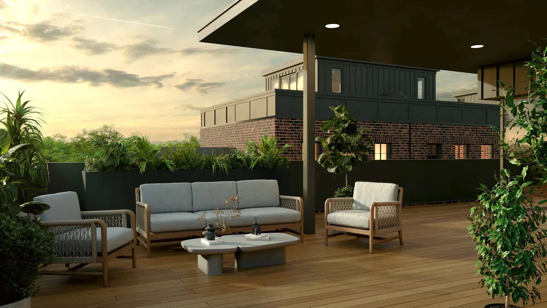 A private rooftop terrace at the Promenade Lofts at dusk